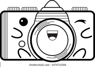 Vector doodle illustration of camera character on white background.