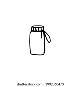 Vector doodle illustration of camping thermos. Picnic on the fresh air. Water purveyance. Hiking essentials inventory.For coloring pages, stationery, print, poster, stickers, travel blog icon on white