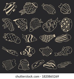 Vektordoodle-Illustration. Cartoon Fische verschiedener Formen, mit Mustern. Hintergrunddekoration, Aufkleber, Schwarz-Gold-Palette.
