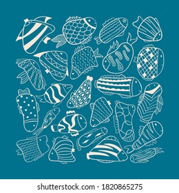 Vector doodle illustration. Cartoon fish on a blue background of different shapes, with patterns. Background decoration, stickers.