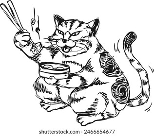 Vector Doodle Illustration of a Cat Eating Dim Sum. suitable for content related to whimsical art, food-themed illustrations, or creative vector graphics.