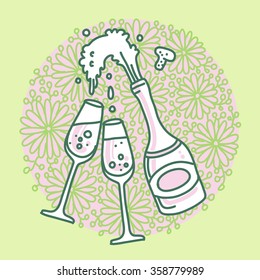 Vector doodle illustration of champagne. Just married.