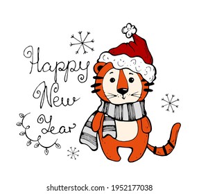 vector doodle illustration christmas and new year. year of the tiger. holiday postcard. lettering