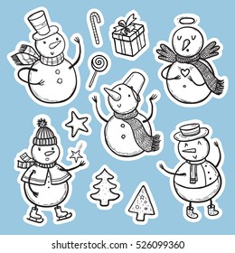 Vector doodle illustration Christmas and New Year set of holidays stickers with snowman, Christmas tree, candy, snowflakes, gifts. Funny snowmen in different costumes.