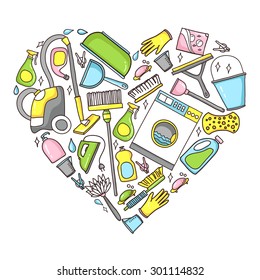 Vector doodle  illustration of cleaning equipment in a heart shape. Hand made.Great for promoting and merchandising. Cleaning service. Cleaning supplies