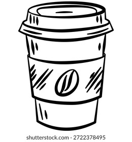 Vektordoodle-Darstellung einer Kaffeetasse. Symbol für mitgenommenen Kaffee. Handgezeichnete schwarz-weiße Linie Kunst perfekt für Cafeteria Designs