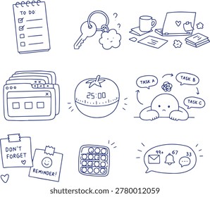 Vector doodle illustration collection inspired by ADHD productivity struggles and neurodivergent lifestyle. Includes to do list, lost keys, messy workspace, browser tabs, pomodoro timer, reminders, notification overload, task switching and fidget toy concepts.