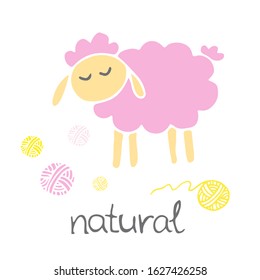 Vector doodle illustration with colored pink sheep and yellow balls of thread.