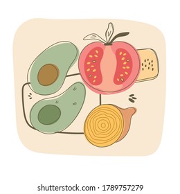 Vector doodle illustration of colored vegetables avocado, tomato and onion with soft flowers and geometric shapes on the background.