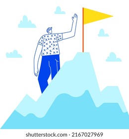 Vector doodle illustration. Concept success at work, Ambition to the goal, Standing on the top of the hill, businessman standing on the top of the mountain signifying the winner. Isolated on white