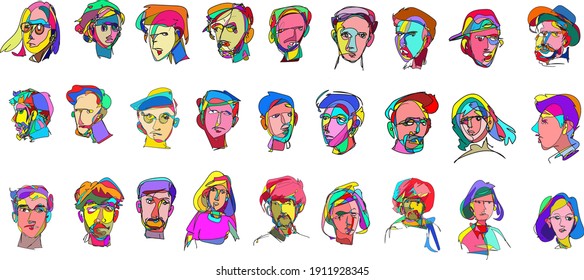 Vector doodle illustration continuous drawing of colorful people face, masker, mask in pop art style in white background.