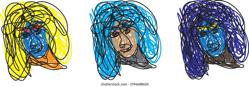 Dibujo de doodle vectorial dibujo continuo de la cara colorida de mujer abstracta