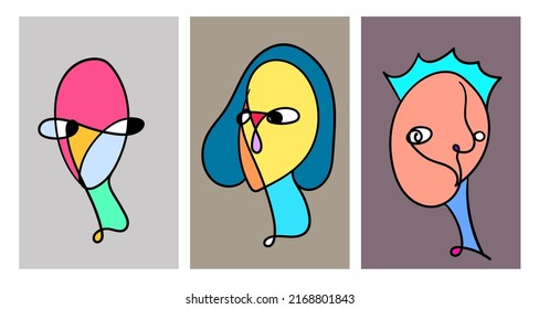 Vector doodle illustration continuous drawing of colorful people face. Mask in pop art style in white background.