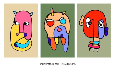 Vector doodle illustration continuous drawing of colorful people face. Mask in pop art style in white background.