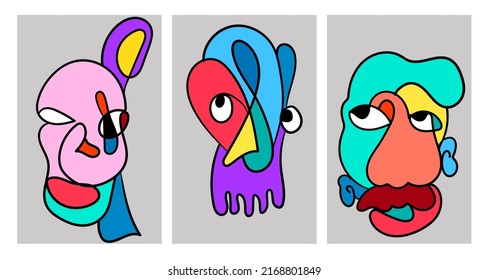 Vector doodle illustration continuous drawing of colorful people face. Mask in pop art style in white background.
