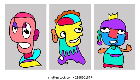 Vector doodle illustration continuous drawing of colorful people face. Mask in pop art style in white background.