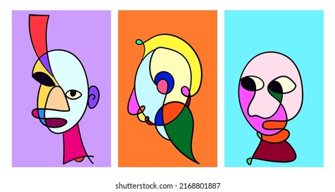 Vector doodle illustration continuous drawing of colorful people face. Mask in pop art style in white background.