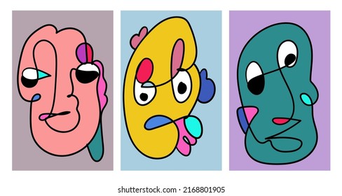 Vector doodle illustration continuous drawing of colorful people face. Mask in pop art style in white background.