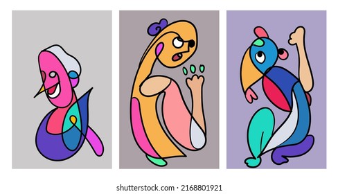 Vector doodle illustration continuous drawing of colorful people face. Mask in pop art style in white background.