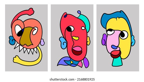 Vector doodle illustration continuous drawing of colorful people face. Mask in pop art style in white background.