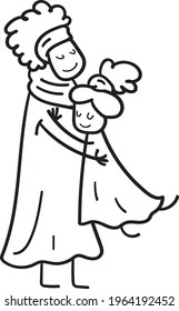 Vektordoodle-Abbildung Kontur amerikanisch-afrikanische Familie süße Mutter mit Tochter einfache Wohnung
