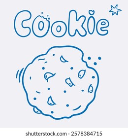 Vector doodle illustration of cookie with crumbs in blue line, lettering for coffee shop logo, pastry shop, bakery, branding, print