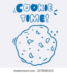 Vector doodle illustration of cookie with crumbs in blue line, lettering for coffee shop logo, pastry shop, bakery, branding, print, cookie time 