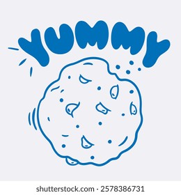 Vector doodle illustration of cookie with crumbs in blue line, lettering for coffee shop logo, pastry shop, bakery, branding, print for cafe