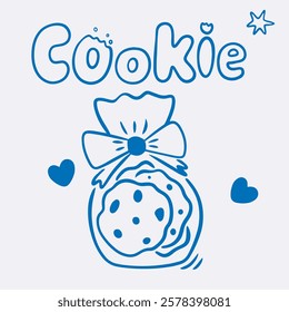 Vector doodle illustration of cookies in blue line packaging, lettering for coffee shop logo, pastry shop, bakery, branding, print