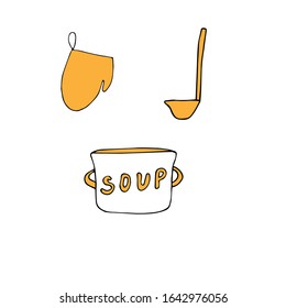 Vector doodle illustration of cooking utensils pot with the inscription soup, pot holder mitten and ladle, yellow and white color