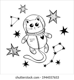 vector doodle illustration cosmonautics day. kitten astronaut among the stars and constellations