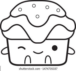 Vector doodle illustration of cup cake character on white background.
