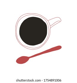 Vektordoodle-Illustration einer Tasse Kaffee und Löffel. Über der Ansicht.