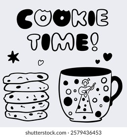 Vector doodle illustration with cup, lettering and cookies black line for branding, graphic design of cafe, restaurant, tea, coffee, biscuit, hearts