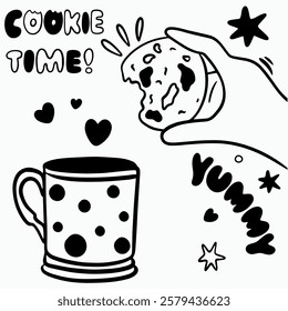 Vector doodle illustration with cup, lettering and cookies black line for branding, graphic design of cafe, restaurant, tea, coffee, biscuit, drops