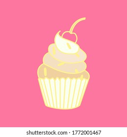 Vector doodle illustration with cupcake and cherry on pink background. Cartoon colorful dessert. Sweet cake with cream and berry, for card design, print, wallpaper. 