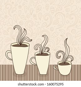 Vector doodle illustration with cups of coffee on doodle background.
