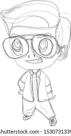 Vector doodle illustration of cute chibi character isolated on white background. The biy act like a boss