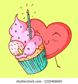 A vector doodle illustration with a cute heart character Kids style