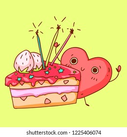 A vector doodle illustration with a cute heart character with a birthday cake. With candles and straberries, pink frosting. Kids style