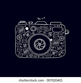 Vector doodle illustration of detailed isolated image of camera with many cute details