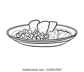 Vector doodle illustration, dish with mexican spicy appetizer of beans, corn, guacamole and nachos isolated on white.