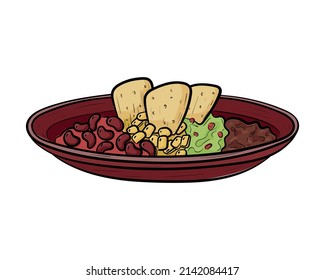 Vector doodle illustration, dish with mexican spicy appetizer of beans, corn, guacamole and nachos isolated on white.