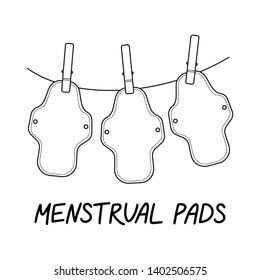 Vector doodle illustration with Dry reusable cloth menstrual pads on a rope. Zero waste supplies for personal hygiene. Sustainable lifestyle. Plastic-free concept