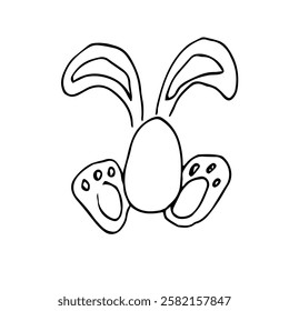 Vector doodle illustration of an Easter Bunny with big ears and an egg-shaped body. Hand-drawn black and white design, perfect for greeting cards, prints, stickers, packaging, and festive decorations.