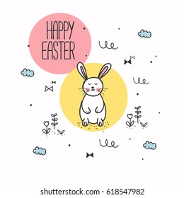 Vector doodle illustration of Easter bunny and words Happy Easter surrounded by a flowers, clouds, and other doodle elements. 