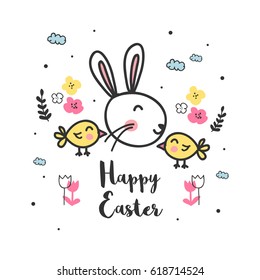 Vector doodle illustration of Easter bunny and words Happy Easter surrounded by a flowers, clouds, chickens and other doodle elements. 