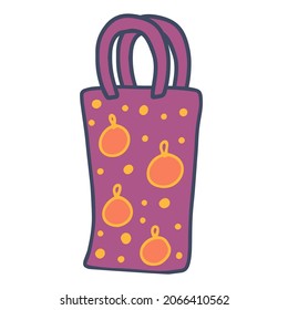 Vector doodle illustration of empty gift paper shopping bag. Pink, purle and gold color. Isolated on a white. Luxury, festive carton package. 
