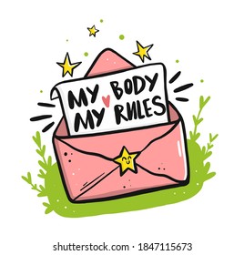 Vector Doodle illustration with an envelope and the message my body my rules. The concept of accepting your appearance for young people