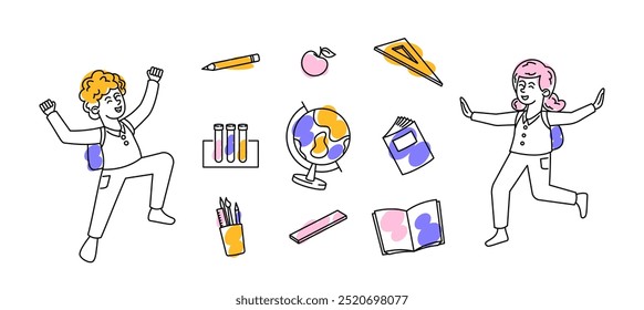 Vector Doodle Illustration Featuring Children Characters Celebrating Joy Of Returning To School With Educational Items